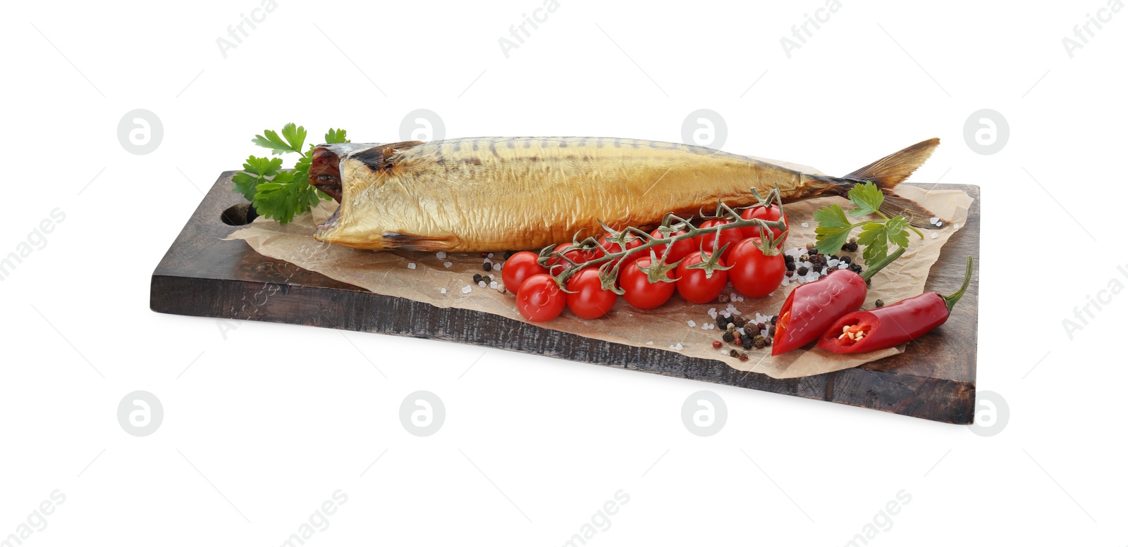 Photo of Delicious smoked mackerel with pepper, parsley and spices on white background