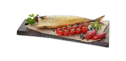 Delicious smoked mackerel with pepper, parsley and spices on white background