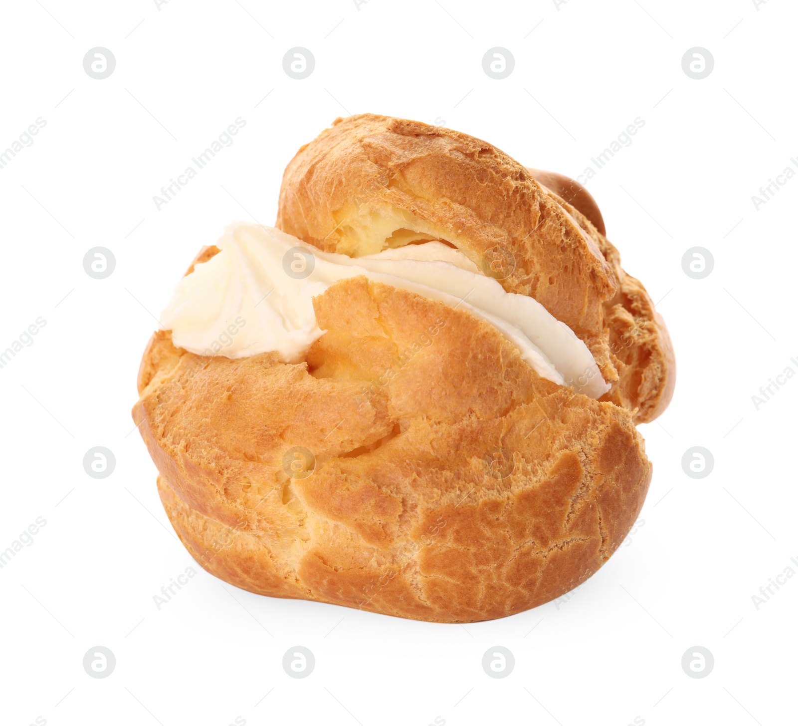 Photo of Delicious profiterole with cream filling isolated on white