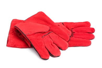 Photo of Red protective gloves on white background. Safety equipment