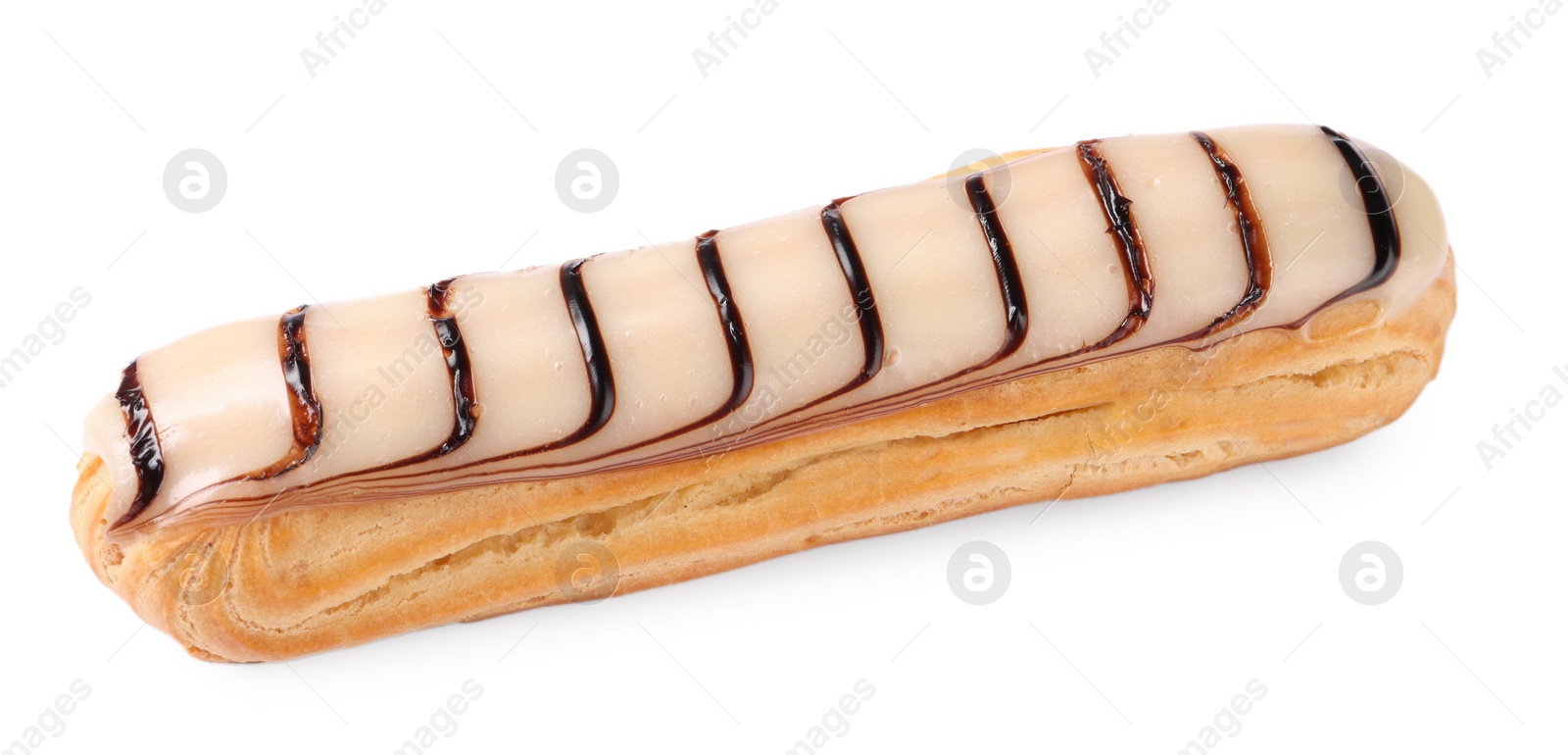 Photo of Delicious eclair covered with glaze isolated on white