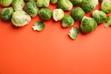 Photo of Fresh Brussels sprouts on coral background, flat lay. Space for text