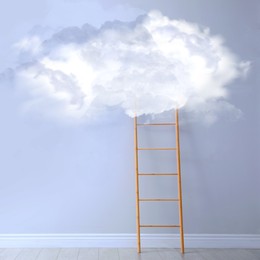 Image of Wooden ladder leading to white cloud on light blue wall in room. Concept of growth and development