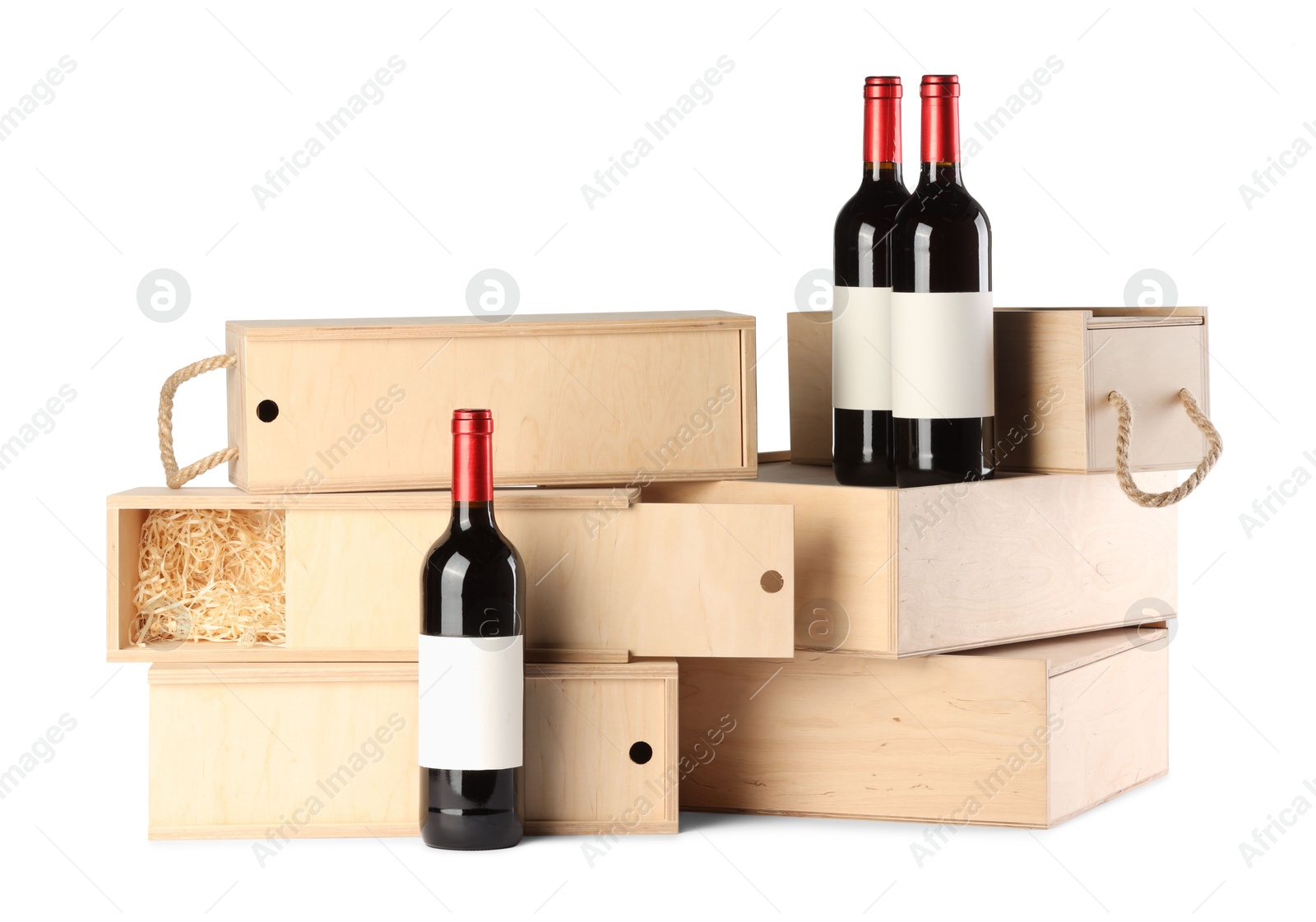 Photo of Wooden gift boxes with wine isolated on white