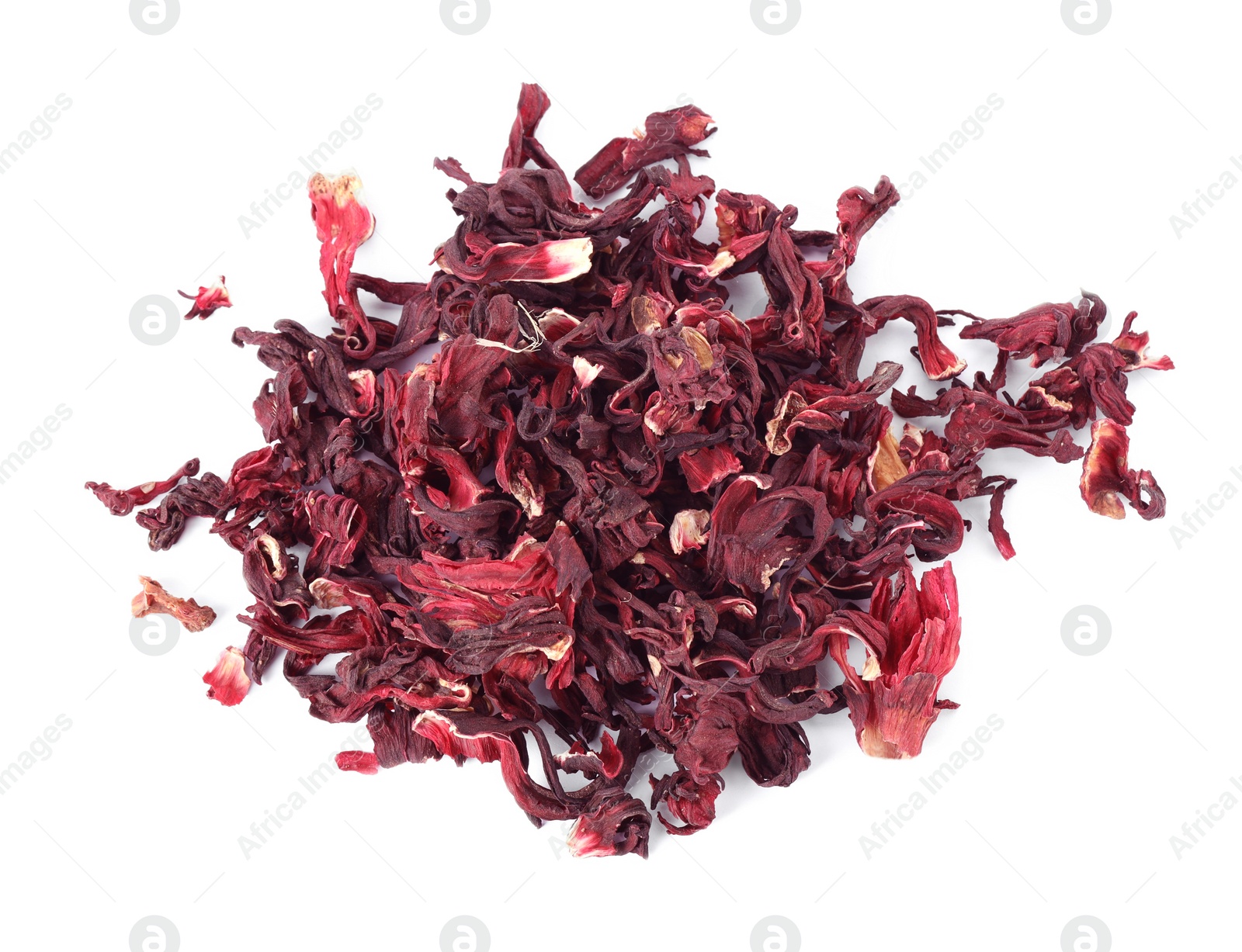 Photo of Pile of dry hibiscus tea isolated on white, top view