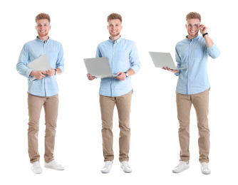Collage of young men with laptops on white background