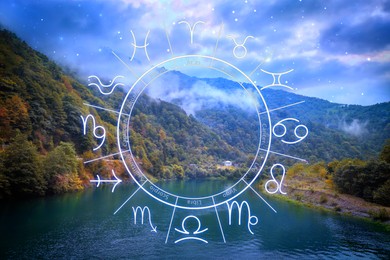 Image of Zodiac wheel and beautiful view on river in mountains