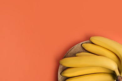 Ripe yellow bananas on coral background, top view. Space for text