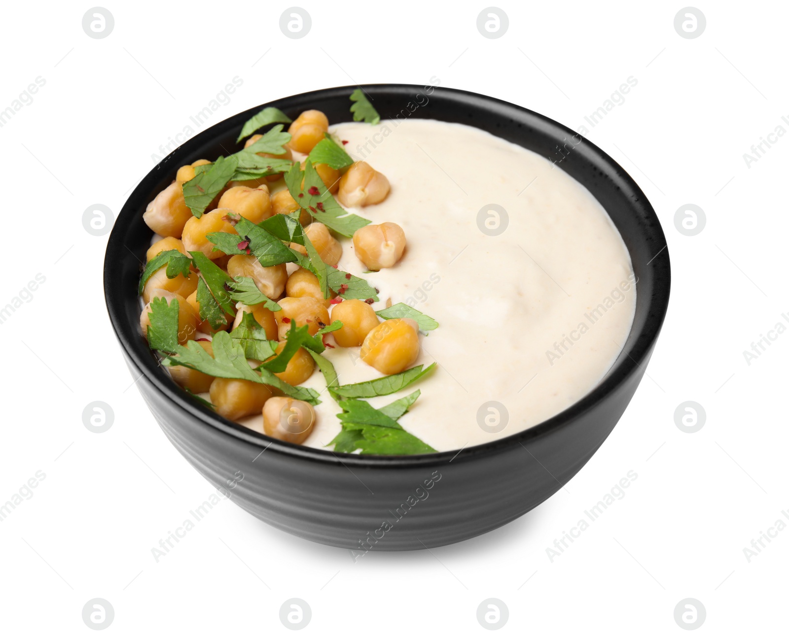 Photo of Tasty chickpea soup in bowl on white background