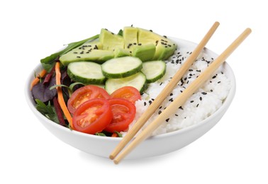 Photo of Delicious poke bowl with vegetables, avocado and mesclun isolated on white