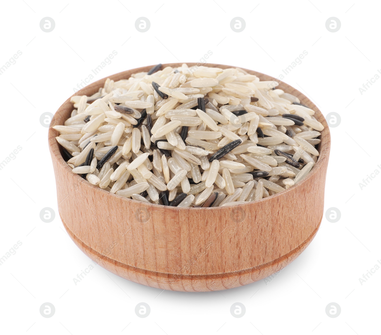 Photo of Bowl with raw unpolished rice isolated on white
