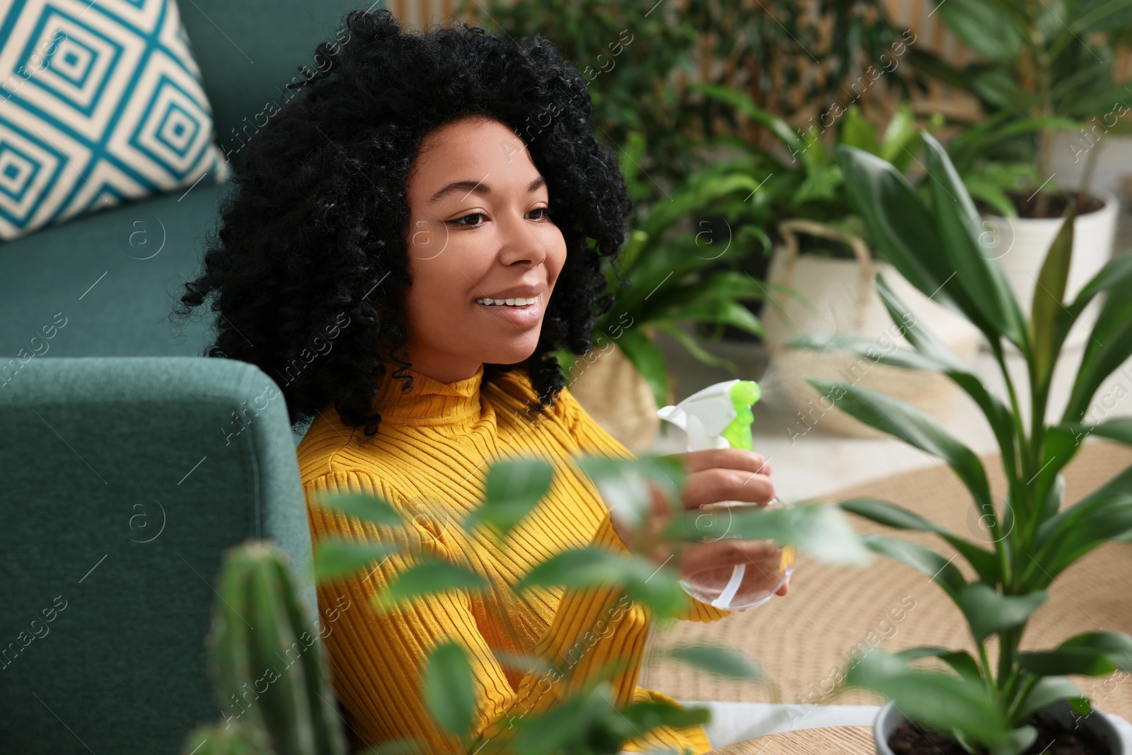 Photo of Happy woman spraying beautiful potted houseplant with water indoors