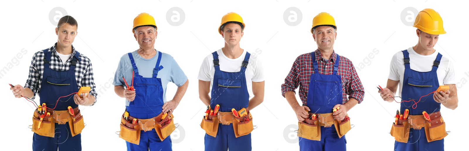 Image of Collage with photos of electricians on white background, banner design 