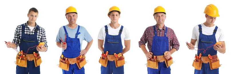 Collage with photos of electricians on white background, banner design 