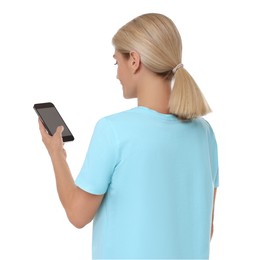 Photo of Woman using smartphone with blank screen on white background
