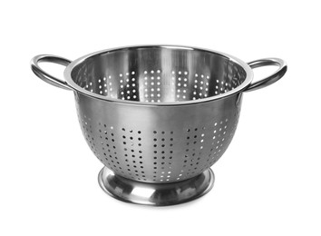 One metal colander isolated on white. Cooking utensil