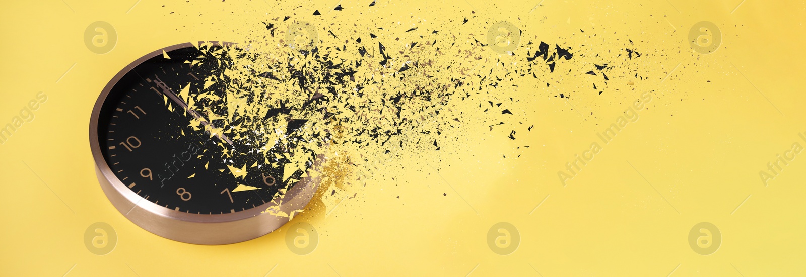 Image of Flow of time. Analog clock dissolving on yellow background, space for text. Banner design