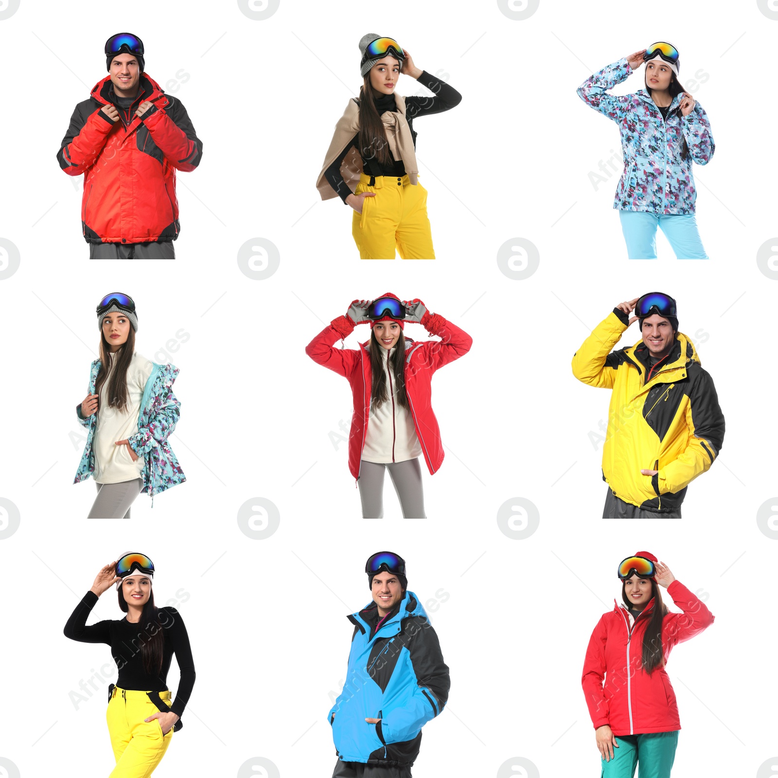 Image of Collage of people wearing winter sports clothes on white background