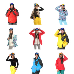 Image of Collage of people wearing winter sports clothes on white background