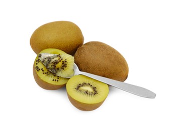 Photo of Fresh ripe yellow kiwis with spoon on white background