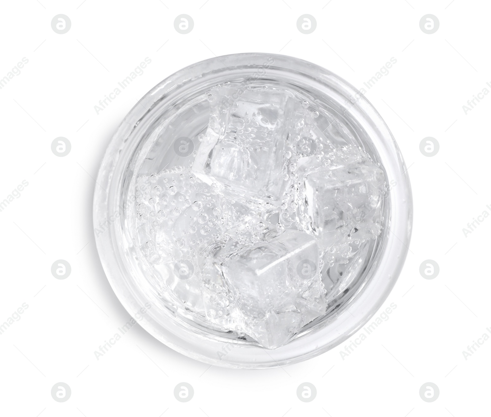 Photo of Glass of soda water with ice isolated on white, top view