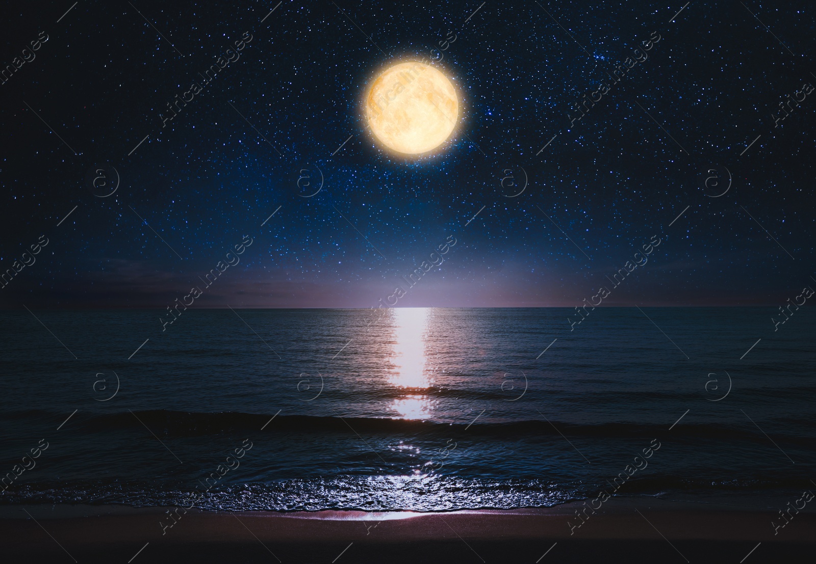 Image of Beautiful full moon in starry sky over sea at night