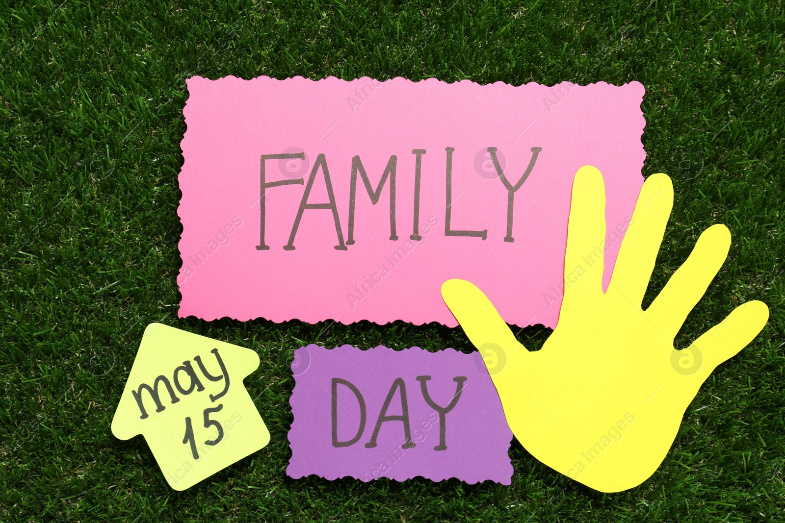 Photo of Cards with text Family Day and paper palm on green grass, flat lay