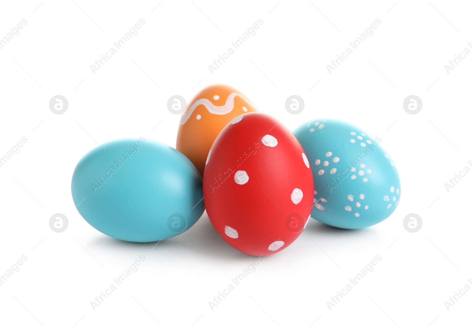 Photo of Colorful painted Easter eggs on white background