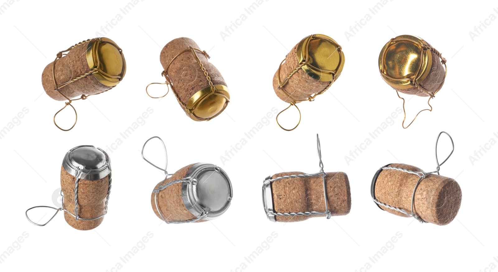 Image of Set with corks of sparkling wine bottles with muselet caps on white background