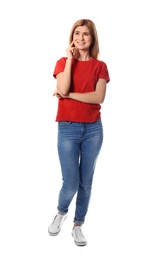 Full length portrait of beautiful woman posing on white background