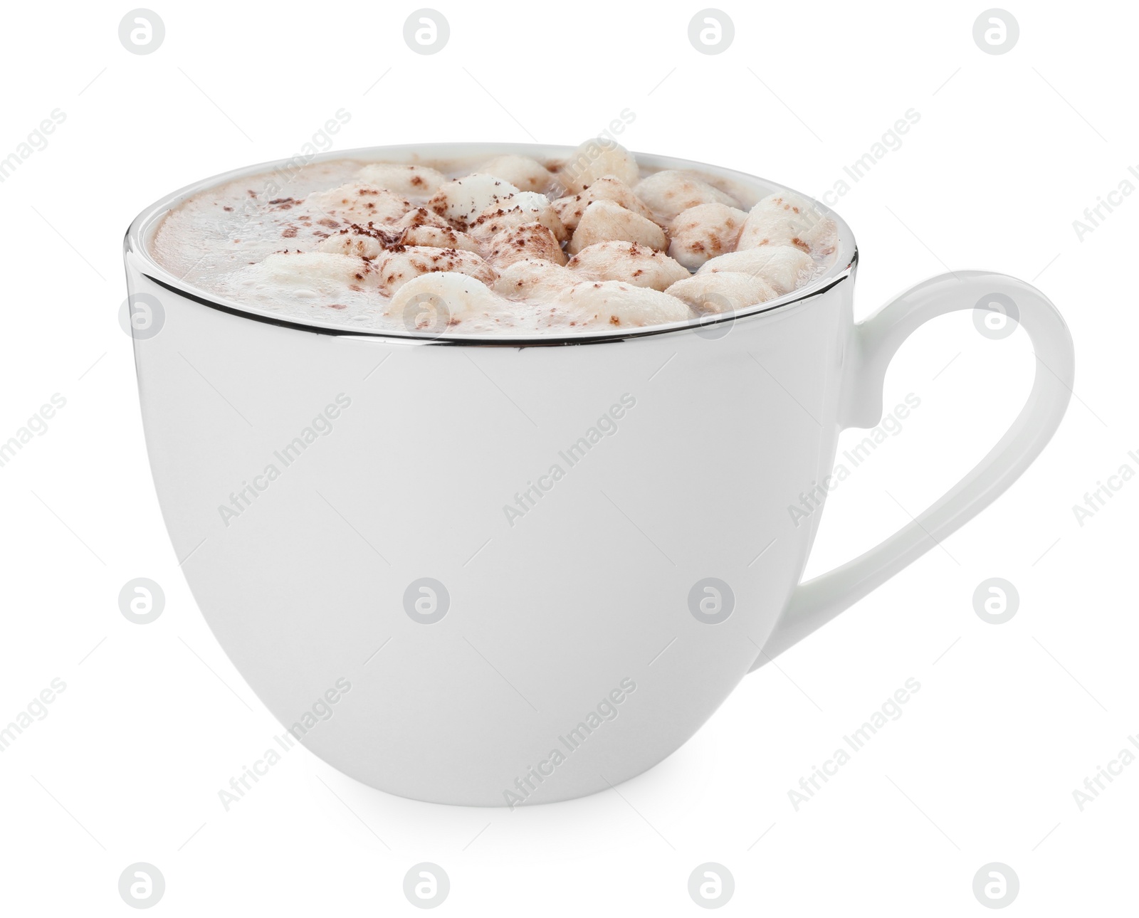 Photo of Cup of aromatic hot chocolate with marshmallows and cocoa powder isolated on white