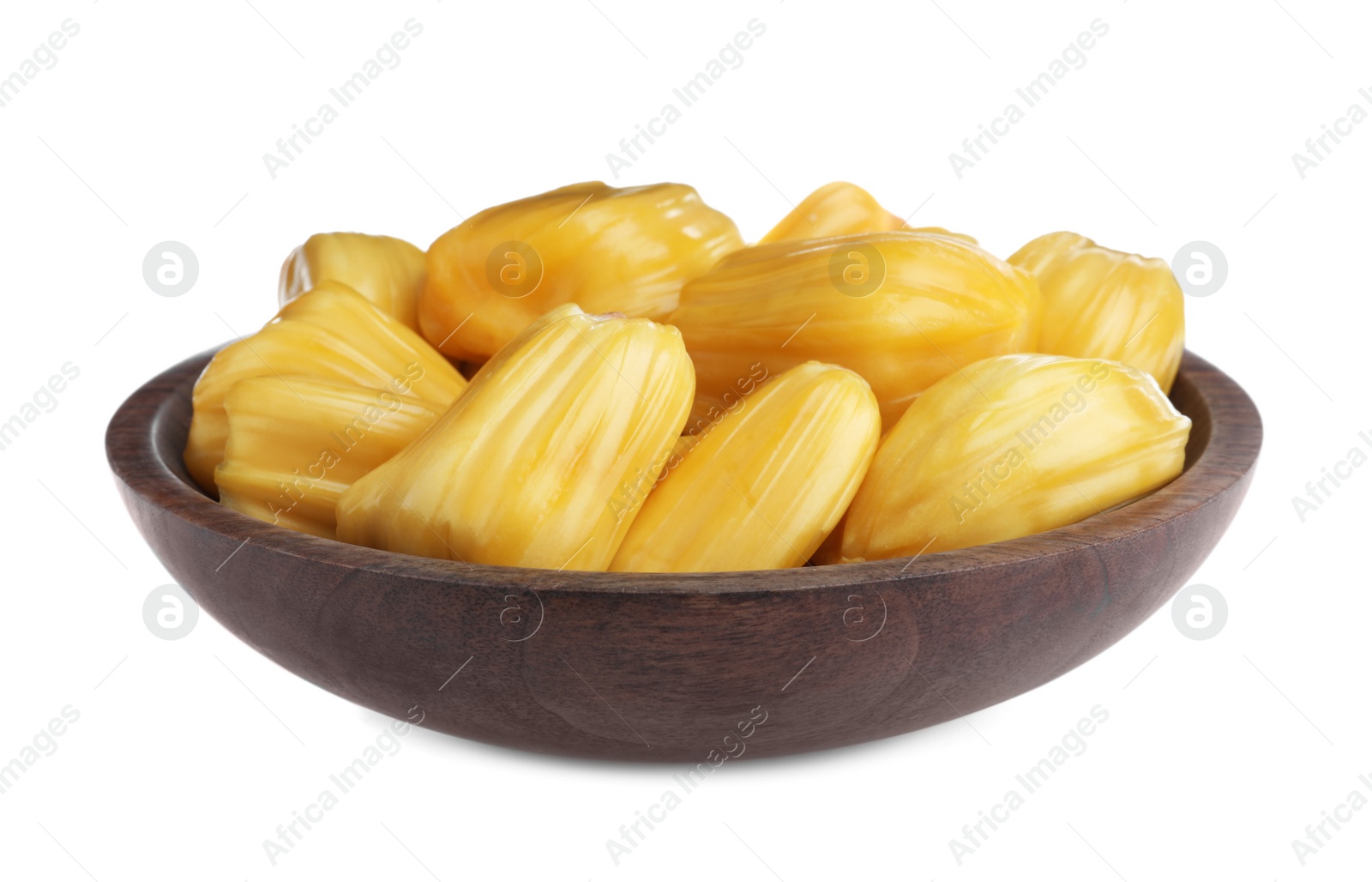 Photo of Delicious jackfruit bulbs in plate isolated on white
