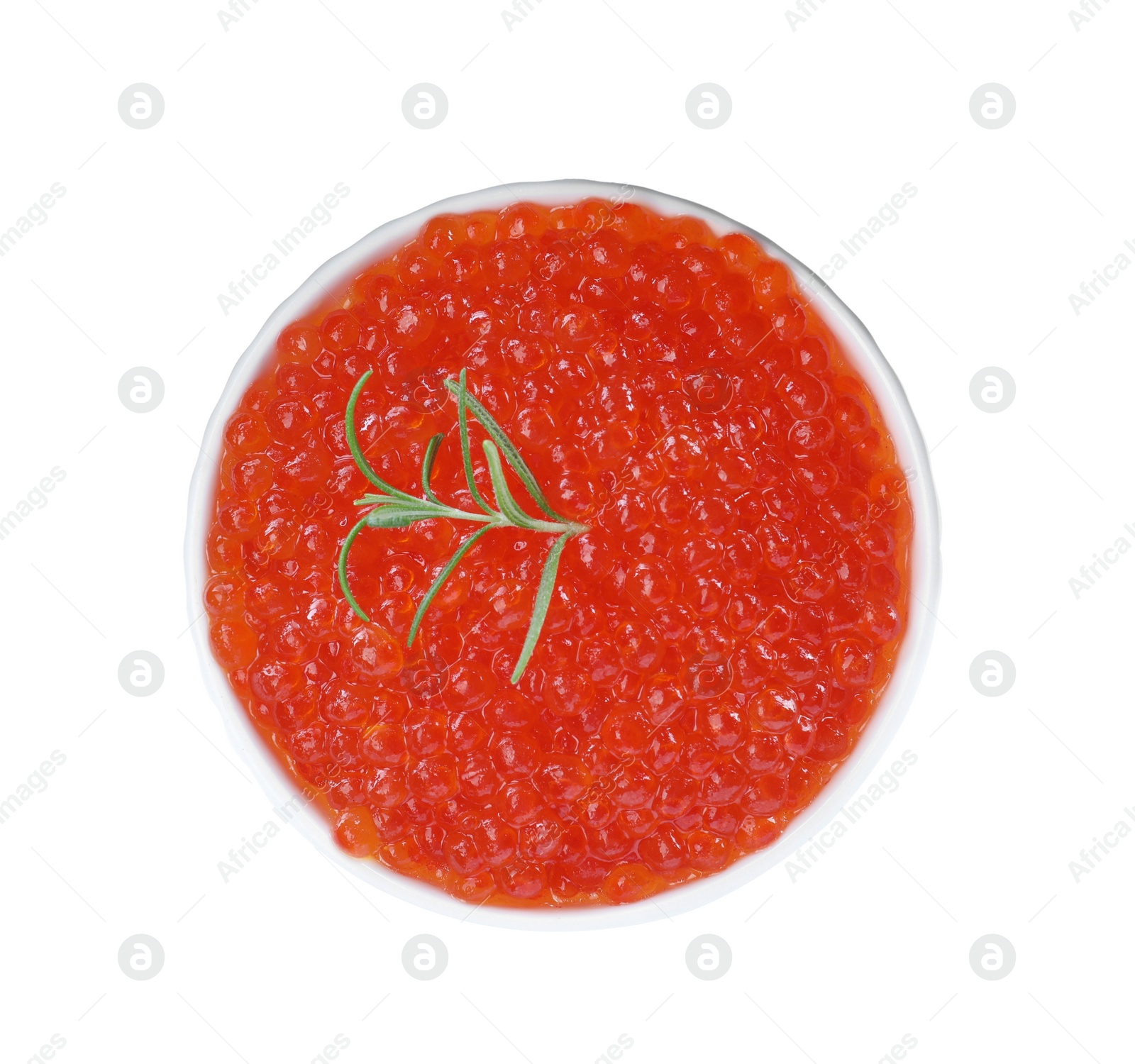 Photo of Bowl of delicious red caviar and rosemary isolated on white, top view