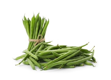 Delicious fresh green beans on white background