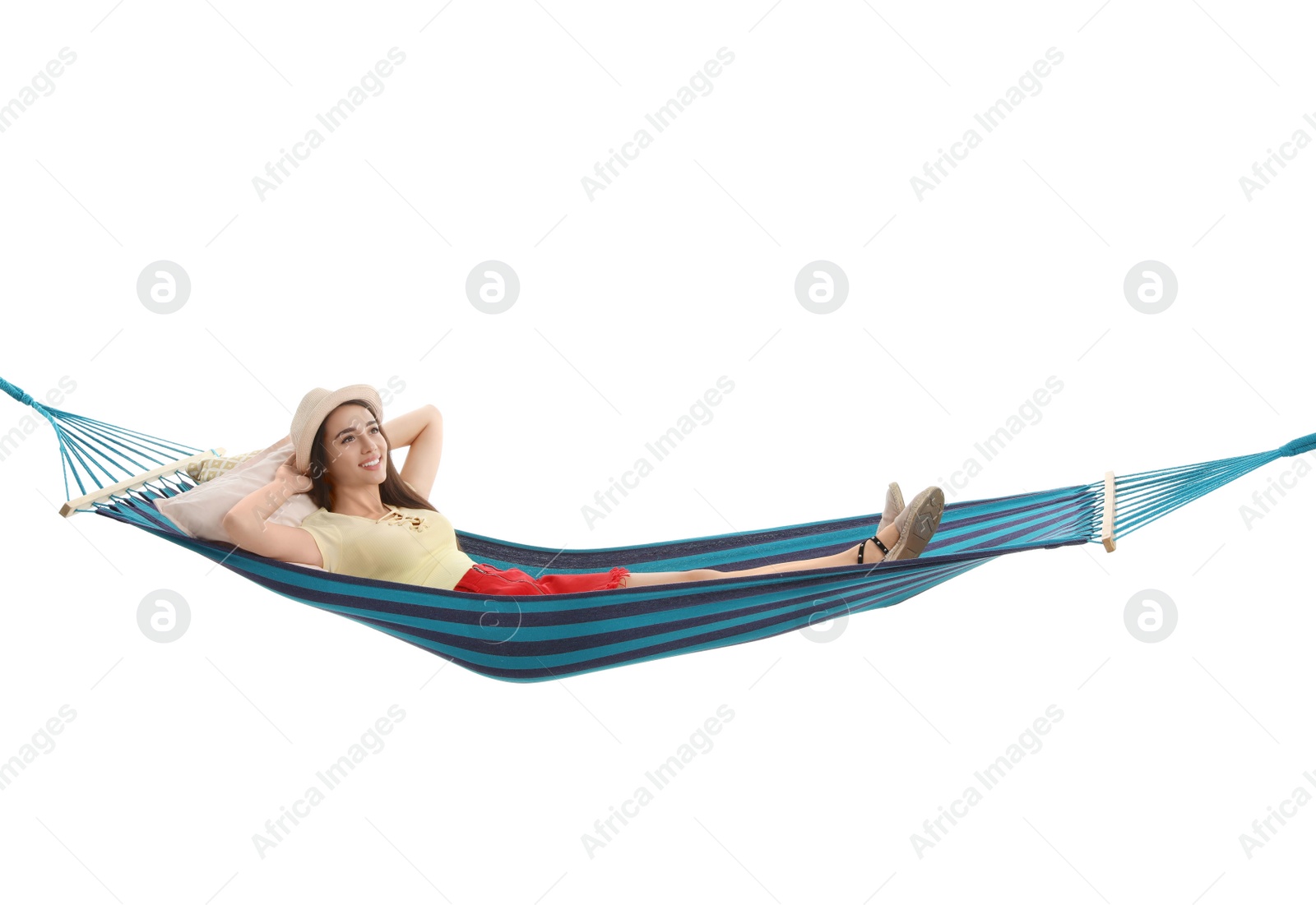 Photo of Woman resting in hammock on white background