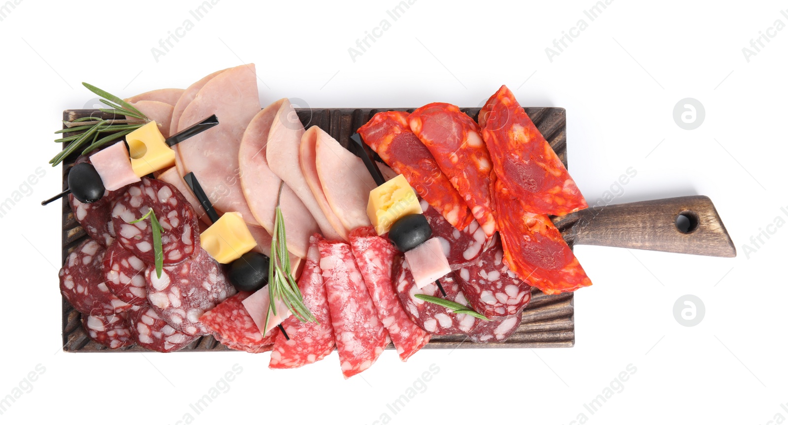 Photo of Wooden board with tasty ham and other delicacies isolated on white, top view