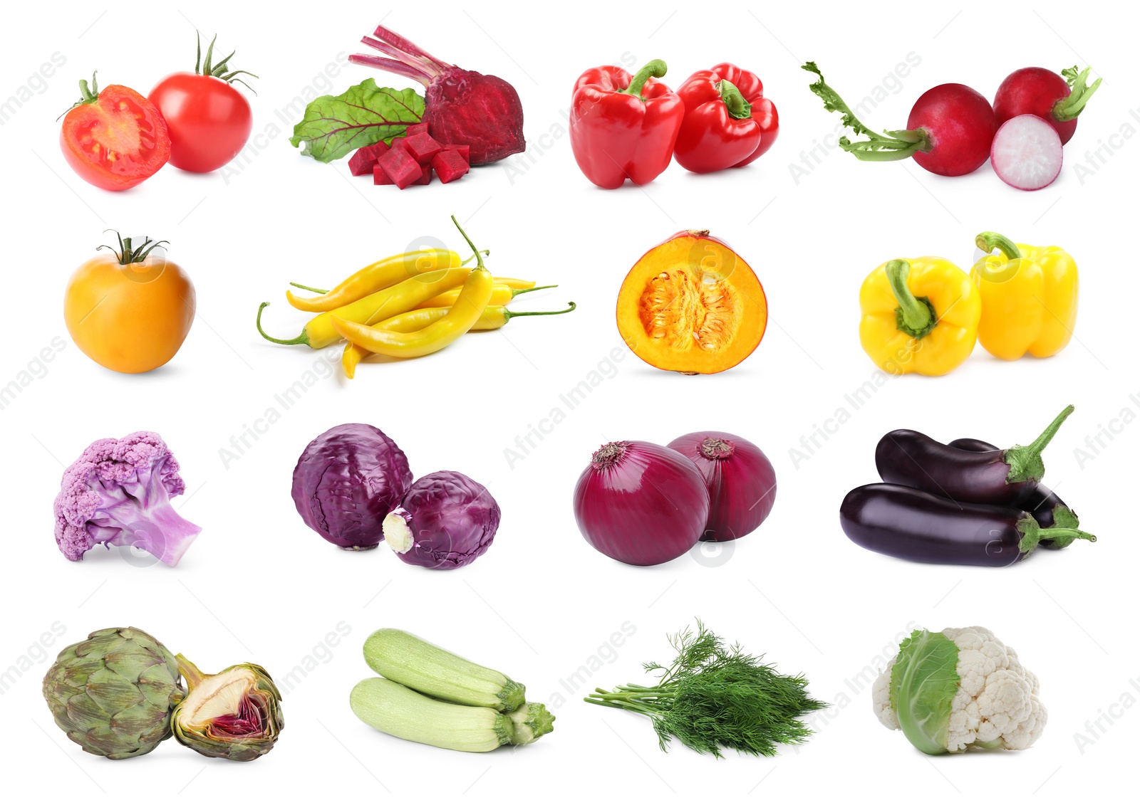 Image of Collage with many fresh vegetables on white background