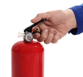 Photo of Man with fire extinguisher on white background, closeup