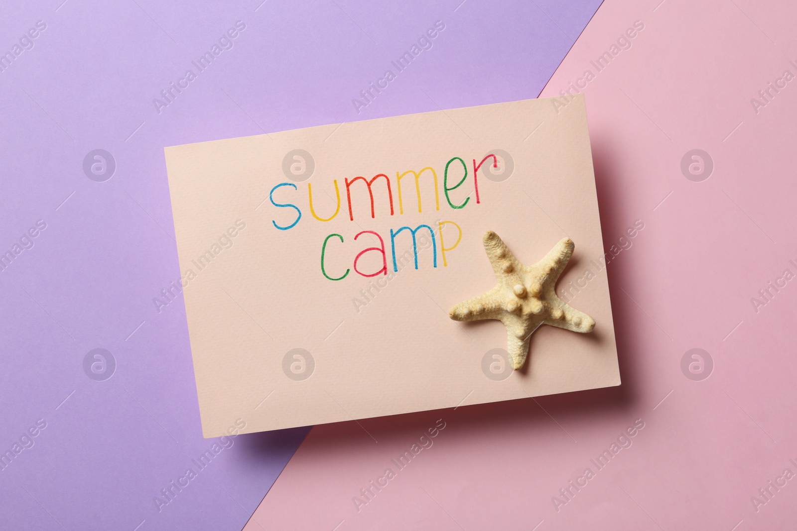 Photo of Card with text SUMMER CAMP and starfish on color background, top view