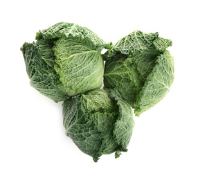 Photo of Fresh ripe savoy cabbages on white background, top view