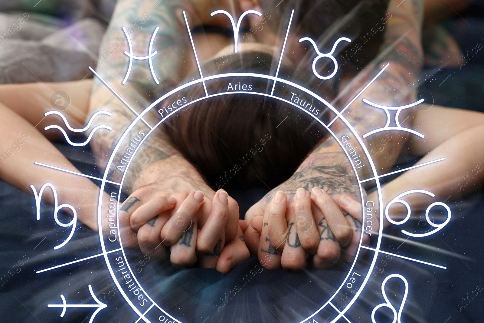 Image of Sexual compatibility. Zodiac wheel and passionate couple having sex on bed, closeup of hands