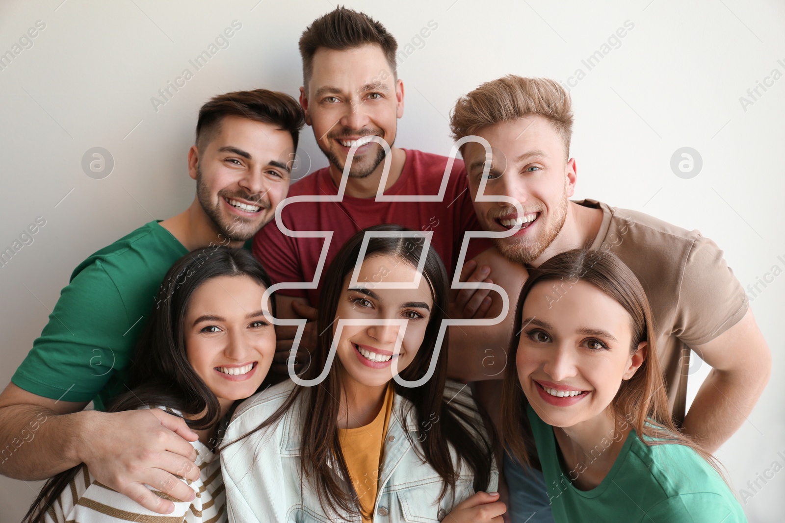 Image of Hashtag icon and group of happy people on white background