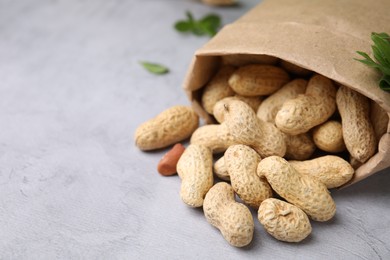 Paper bag with fresh unpeeled peanuts on grey table, closeup. Space for text