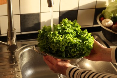 Photo of Woman washing fresh lettuce leaves in metal colander, closeup