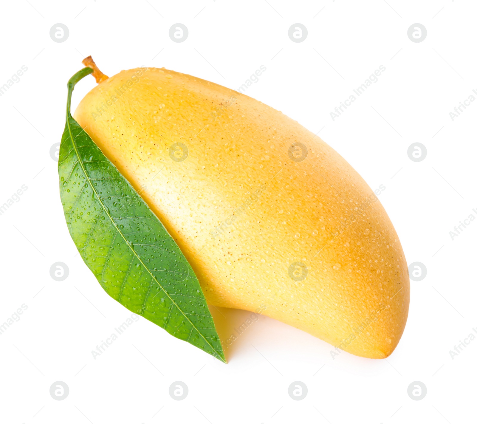 Photo of Fresh ripe mango with green leaf isolated on white