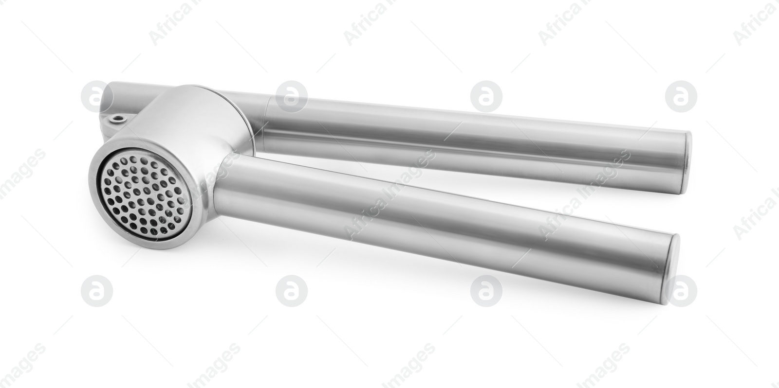 Photo of New metal garlic press isolated on white