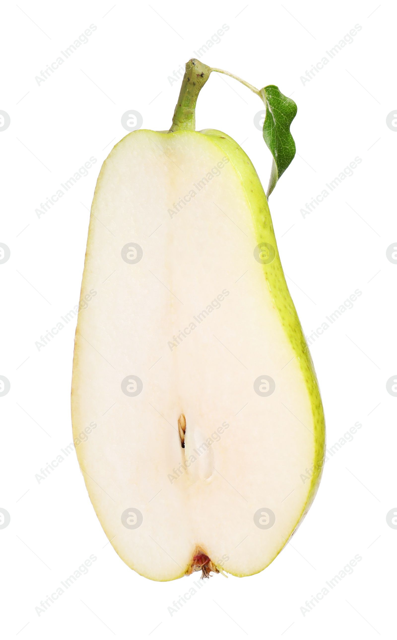 Photo of Half of ripe pear on white background