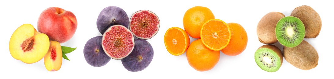 Foods for healthy digestion, collage. Fresh peaches, figs, tangerines and kiwis on white background, top view