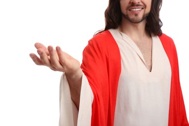 Photo of Jesus Christ reaching out his hand on white background, closeup