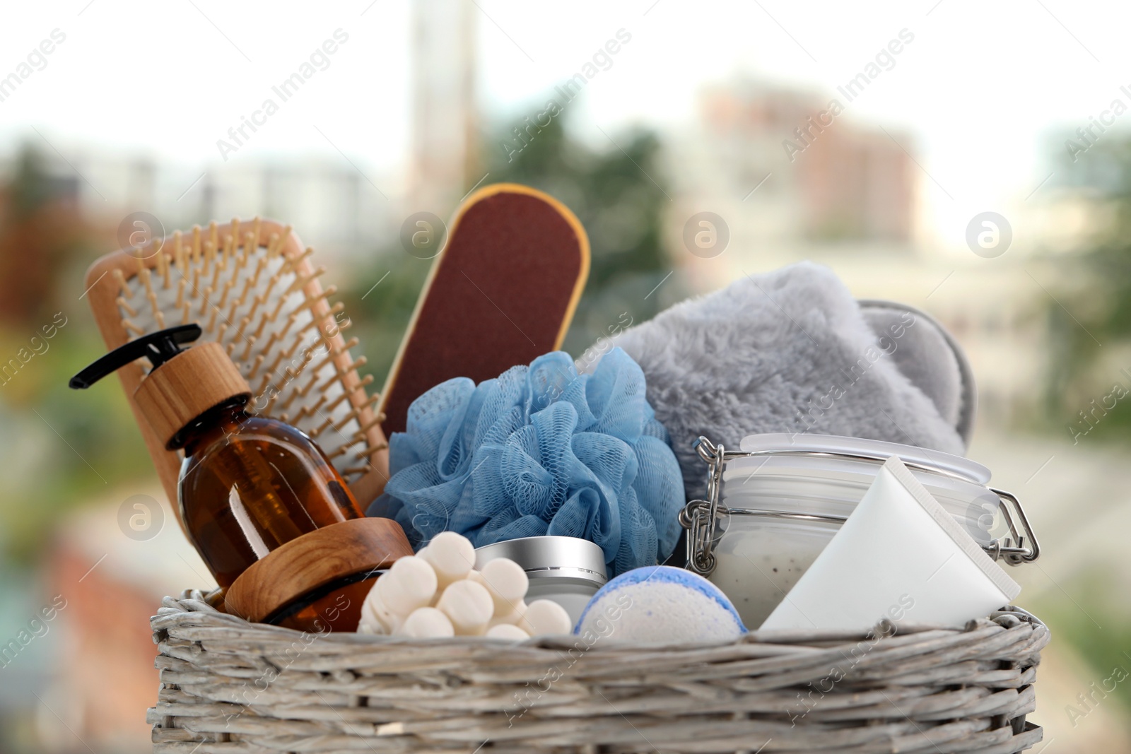 Photo of Spa gift set with different products on blurred background, closeup